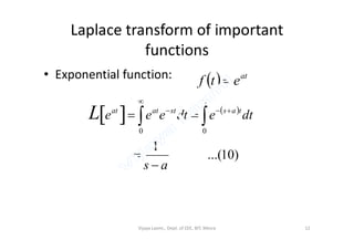 Laplace transform of important
functions
• Exponential function:   at
etf 
   
dtedteee tasstatat
L  




 
)10...(
1
00
as 


Vijaya Laxmi., Dept. of EEE, BIT, Mesra 12
 