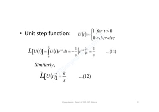 • Unit step function:  


 

otherwise
tfor
tU
0
01
       )11...(
11
0
0
s
e
s
dtetUtU stst
L 



0
ss
   )12...(
,
s
k
tU
Similarly
L 
Vijaya Laxmi., Dept. of EEE, BIT, Mesra 13
 