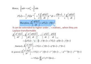          





















dt
tdf
ss
f
dte
dt
tdf
s
etf
s
sF
vduuvudvHence
Lstst 1011
,
00
0
0
0
It can be extended to higher order derivatives , when they are
Laplace transformable.
     



0, fssF
dt
tdf
Therefore L
Laplace transformable.
       
            

























0000 '2'
0
2
2
fsfsFsffssFs
dt
tdf
dt
tdf
s
dt
tdf
dt
d
dt
tfd
t
LLL
         
   
 
   
 









n
k
kknn
nnnnn
n
n
fssFs
fsffsfssFs
dt
tfd
generalIn L
1
1
1221
0
00...00,
         





0''0'0, 23
3
3
fsffssFs
dt
tfd
Similarly L
Vijaya Laxmi., Dept. of EEE, BIT, Mesra 30
 