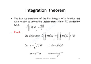Integration theorem
• The Laplace transform of the first integral of a function f(t)
with respect to time is the Laplace transform of f(t) divided by
s, i.e.,
• Proof:
   
s
sF
dttf
t
L 





0


• Proof:
    














0 00
, dtedttfdttfdefinitionBy st
tt
L
   
stst
t
e
s
vdtedv
dttfdudttfuLet


 
1
0
Vijaya Laxmi., Dept. of EEE, BIT, Mesra 31
 