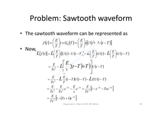Problem: Sawtooth waveform
• The sawtooth waveform can be represented as
• Now,
        TtUtUt
T
E
TGt
T
E
tf 











 0
           TttU
T
E
ttU
T
E
TtUtUt
T
E
tf LLLL 


















    
     
 
  Ts
TsTsTsTs
eTs
Ts
E
Tsee
Ts
E
e
s
E
e
Ts
E
Ts
E
TtEUTtUTt
T
E
Ts
E
TtU
Ts
E
TTT
LL
TTt
T
E
L














11
1
2
222
2
2
Vijaya Laxmi., Dept. of EEE, BIT, Mesra 44
 