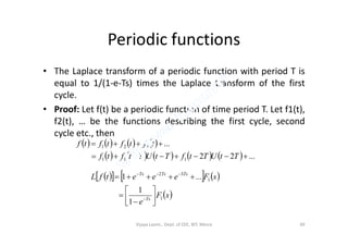 Periodic functions
• The Laplace transform of a periodic function with period T is
equal to 1/(1-e-Ts) times the Laplace transform of the first
cycle.
• Proof: Let f(t) be a periodic function of time period T. Let f1(t),
f2(t), … be the functions describing the first cycle, secondf2(t), … be the functions describing the first cycle, second
cycle etc., then
       
          ...22
...
111
321


TtUTtfTtUTtftf
tftftftf
      
 sF
e
sFeeetfL
Ts
TsTsTs
1
1
32
1
1
...1











Vijaya Laxmi., Dept. of EEE, BIT, Mesra 49
 