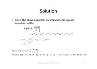 Solution
• Since, the above quantities are impulses, the Laplace
transform will be
   
sssssssss
eeeeeeeee
dt
tdf
sF L
98765432
'









eeeeeeeee 
       
   
s
sF
sFei
fgassussF
dt
tdf
sFLet L
'
.,.
00min,'








     
                   987654321,
'
, 11







 
tUtUtUtUtUtUtUtUtUtfTherefore
s
sF
sFtfHence LL
Vijaya Laxmi., Dept. of EEE, BIT, Mesra 57
 