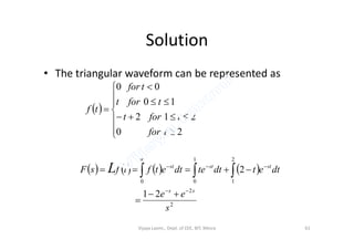 Solution
• The triangular waveform can be represented as
 











212
10
00
tfort
tfort
tfor
tf


  20 tfor
       
2
2
2
1
1
00
21
2
s
ee
dtetdttedtetftfsF
ss
ststst
L






 
Vijaya Laxmi., Dept. of EEE, BIT, Mesra 61
 