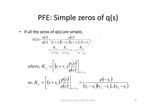PFE: Simple zeros of q(s)
• If all the zeros of q(s) are simple,
   
 
 
     
n
sss
n
ss
K
ss
K
ss
K
ssssssss
sp
sq
sp
sX
n








...
...
21
321
21
   
 
   
 
 
    11211
1
1
...
,
,
1
1
ssssss
sp
sq
sp
ssKso
sq
sp
ssKwhere
nss
s
ss
js
j
j


















Vijaya Laxmi., Dept. of EEE, BIT, Mesra 66
 