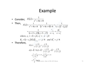 Example
• Consider,
• Then,
 
84
1
2


ss
sX
 
     
   *
1
*
1
1
1
2222
2222
1
22
1
444
1
84
1
ss
K
ss
K
jsjs
jsssss
sX












• Therefore,
   112222 ssssjsjs 
    4/4/
22,22,
*
111
*
11
1
jKandjsXssK
jsjswhere
ss



 
   
   
tSin
e
e
j
e
j
js
j
js
j
sXtx
js
j
js
j
sX
t
tjtj
LLL
2
2
44
22
4/
22
4/
22
4/
22
4/
2
2222
111















 











Vijaya Laxmi., Dept. of EEE, BIT, Mesra 71
 