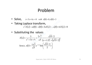Problem
• Solve,
• Taking Laplace transform,
• Substituting the values,
    30,00063
....
 xxwithxxx
            0603300
.
2
 sXxssXxsxsXs
• Substituting the values,
 
   
  













tSinetxhence
sss
sX
t
2
2/15
5
32
,
2/155.1
2/15
5
32
63
3
5.1
222
Vijaya Laxmi., Dept. of EEE, BIT, Mesra 74
 