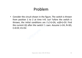 Problem
• Consider the circuit shown in the figure. The switch is thrown
from position 1 to 2 at time t=0. Just before the switch is
thrown, the initial conditions are iL(0+)=2A, vc(0+)=2V. Find
the current i(t) after the switch thrown. Assume L=1H, R=3Ω,
C=0.5F, V1=5V.C=0.5F, V1=5V.
Vijaya Laxmi., Dept. of EEE, BIT, Mesra 81
 