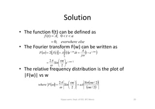 Solution
• The function f(t) can be defined as
• The Fourier transform F(w) can be written as
elseeverwhere
atAtf
;0
0;)(


        11 aj
a
tj
e
j
A
dteAtfF 

 
 
• The relative frequency distribution is the plot of
|F(w)| vs w
        
2/
0
2
2 aj
e
a
Sin
A
j












   
 2/
2/
2
2
a
aSin
aA
a
Sin
A
Fwhere



 






20Vijaya Laxmi, Dept. of EEE, BIT, Mesra
 