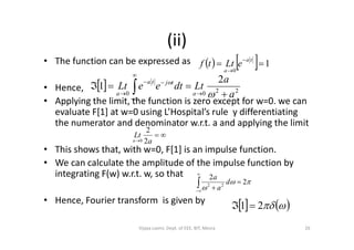 (ii)
• The function can be expressed as
• Hence,
• Applying the limit, the function is zero except for w=0. we can
evaluate F[1] at w=0 using L’Hospital’s rule y differentiating
the numerator and denominator w.r.t. a and applying the limit
    1
0



ta
a
eLttf
  2200
2
1
a
a
LtdteeLt
a
tjta
a 





  

the numerator and denominator w.r.t. a and applying the limit
• This shows that, with w=0, F[1] is an impulse function.
• We can calculate the amplitude of the impulse function by
integrating F(w) w.r.t. w, so that
• Hence, Fourier transform is given by

 a
Lt
a 2
2
0


2
2
22




d
a
a
   21 
26Vijaya Laxmi, Dept. of EEE, BIT, Mesra
 