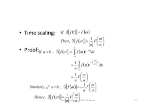 • Time scaling:
• Proof:
    
   







a
F
a
atfThen
FtfIf


1
,
     

 dteatfatfaIf tj
,0
 



















a
F
a
dpepf
a
p
a
j


1
1
   






a
F
a
atfaifSimilarly
1
,0,
   






a
F
a
atfHence
1
,
50Vijaya Laxmi, Dept. of EEE, BIT, Mesra
 