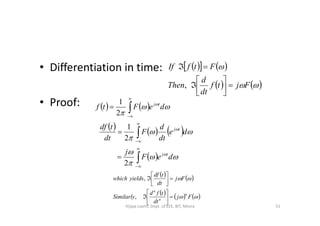 • Differentiation in time:
• Proof:
    
   

Fjtf
dt
d
Then
FtfIf






,
   

 


deFtf tj
2
1
     
 

















deF
j
de
dt
d
F
dt
tdf
tj
tj
2
2
1
2
   
     

Fj
dt
tfd
Similarly
Fj
dt
tdf
yieldswhich
n
n
n












,
,
51Vijaya Laxmi, Dept. of EEE, BIT, Mesra
 