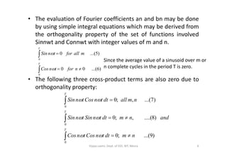 • The evaluation of Fourier coefficients an and bn may be done
by using simple integral equations which may be derived from
the orthogonality property of the set of functions involved
Sinnwt and Connwt with integer values of m and n.
• The following three cross-product terms are also zero due to
)6...(00
)5...(0
0
0




T
T
nfortnCos
mallfortnSin


Since the average value of a sinusoid over m or
n complete cycles in the period T is zero.
• The following three cross-product terms are also zero due to
orthogonality property:
)9...(;0
)8....(,;0
)7...(,;0
0
0
0
nmdttnCostnCos
andnmdttnSintnSin
nmalldttnCostnSin
T
T
T









6Vijaya Laxmi, Dept. of EEE, BIT, Mesra
 