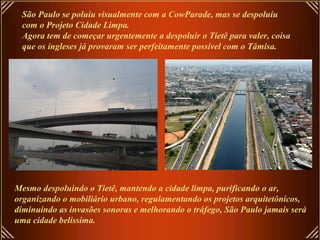 São Paulo se poluiu visualmente com a CowParade, mas se despoluiu
 com o Projeto Cidade Limpa.
 Agora tem de começar urgentemente a despoluir o Tietê para valer, coisa
 que os ingleses já provaram ser perfeitamente possível com o Tâmisa.




Mesmo despoluindo o Tietê, mantendo a cidade limpa, purificando o ar,
organizando o mobiliário urbano, regulamentando os projetos arquitetônicos,
diminuindo as invasões sonoras e melhorando o tráfego, São Paulo jamais será
uma cidade belíssima.
 