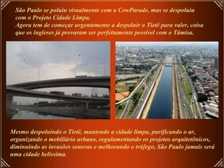 São Paulo se poluiu visualmente com a CowParade, mas se despoluiu com o Projeto Cidade Limpa. Agora tem de começar urgentemente a despoluir o Tietê para valer, coisa que os ingleses já provaram ser perfeitamente possível com o Tâmisa. Mesmo despoluindo o Tietê, mantendo a cidade limpa, purificando o ar, organizando o mobiliário urbano, regulamentando os projetos arquitetônicos, diminuindo as invasões sonoras e melhorando o tráfego, São Paulo jamais será uma cidade belíssima. 