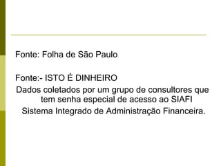 Fonte: Folha de São Paulo Fonte:- ISTO É DINHEIRO Dados coletados por um grupo de consultores que tem senha especial de acesso ao SIAFI Sistema Integrado de Administração Financeira. 