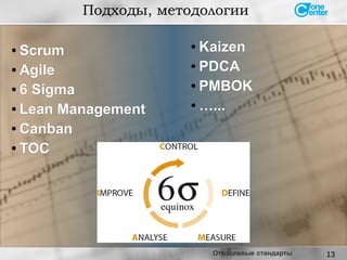 13
● ScrumScrum
● AgileAgile
● 6 Sigma6 Sigma
● Lean ManagementLean Management
● CanbanCanban
● TOCTOC
Подходы, методологии
● KaizenKaizen
● PDCAPDCA
● PMBOKPMBOK
● ……......
Отраслевые стандарты
 