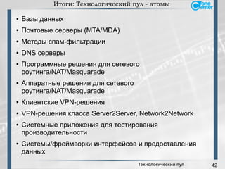 42
Итоги: Технологический пул - атомы
● Базы данных
● Почтовые серверы (MTA/MDA)
● Методы спам-фильтрации
● DNS серверы
● Программные решения для сетевого
роутинга/NAT/Masquarade
● Аппаратные решения для сетевого
роутинга/NAT/Masquarade
● Клиентские VPN-решения
● VPN-решения класса Server2Server, Network2Network
● Системные приложения для тестирования
производительности
● Системы/фреймворки интерфейсов и предоставления
данных
Технологический пул
 