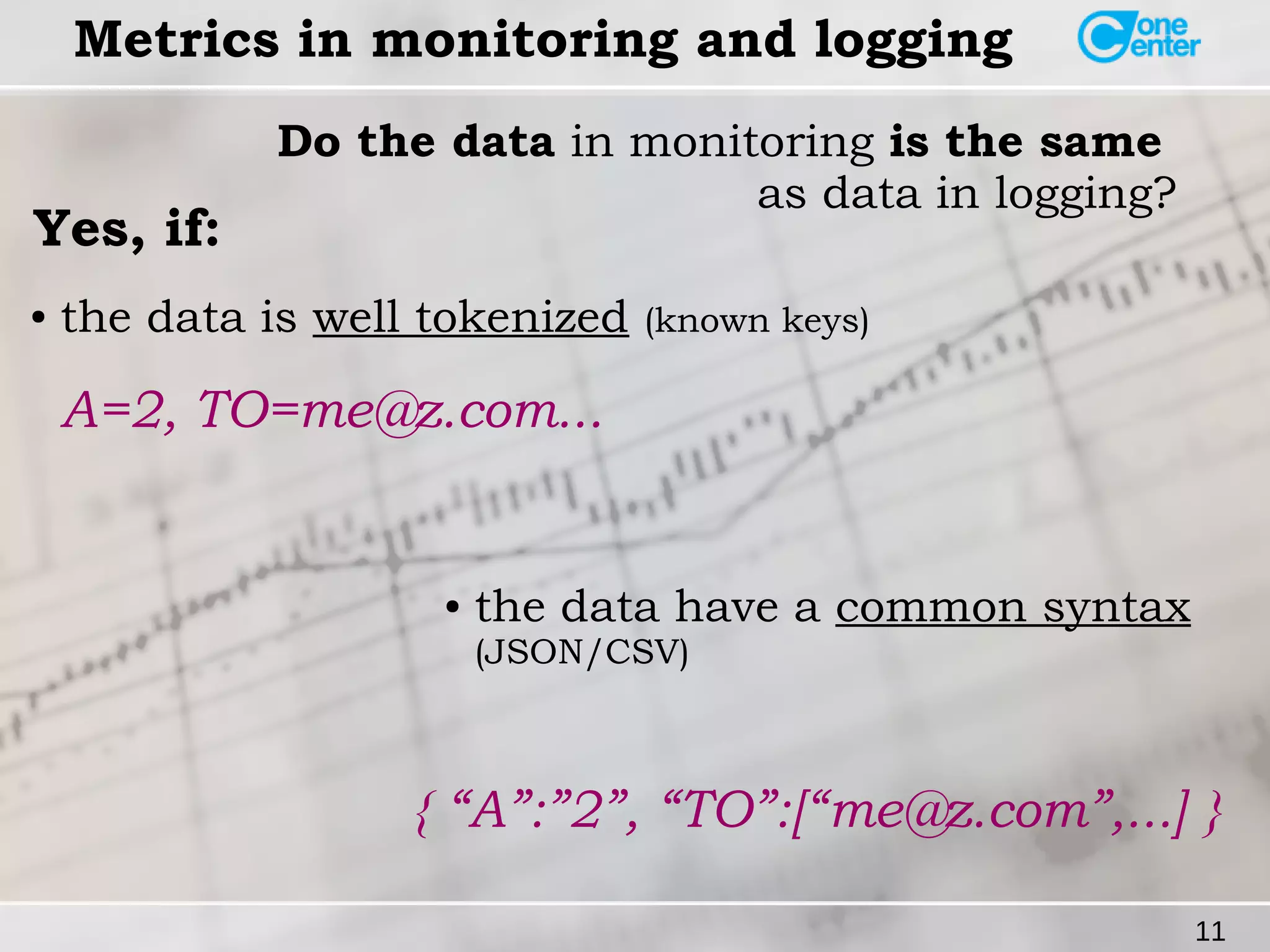 11 
Metrics in monitoring and logging 
Do the data in monitoring is the same 
as data in logging? Yes, if: 
● the data is well tokenized (known keys) 
A=2, TO=me@z.com... 
● the data have a common syntax 
(JSON/CSV) 
{ “A”:”2”, “TO”:[“me@z.com”,...] } 
 
