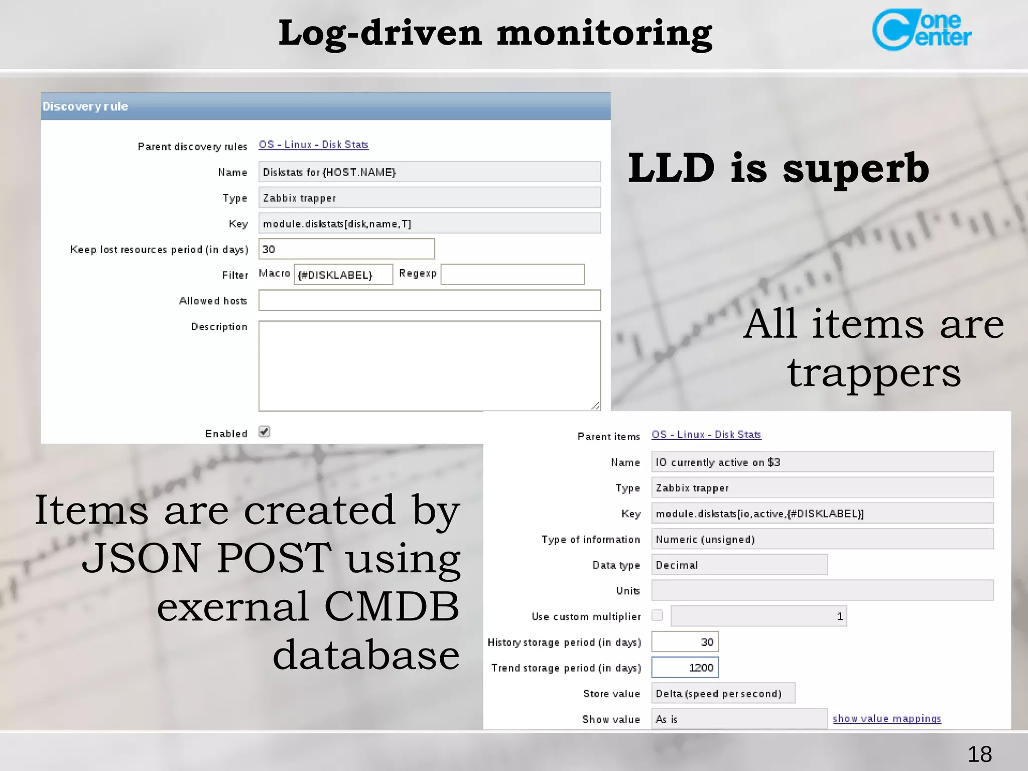 18 
Log-driven monitoring 
LLD is superb 
Items are created by 
JSON POST using 
exernal CMDB 
database 
All items are 
trappers 
 