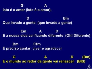 G
A
Isto é o amor (Isto é o amor),
D
Bm
Que invade a gente, (que invade a gente)
Em
A
D
E a nossa vida vai ficando diferente (Oh! Diferente)
Bm
F#m
É preciso cantar, viver e agradecer
G
A
D
(Bm)
E o mundo ao redor da gente vai renascer (BIS)

 