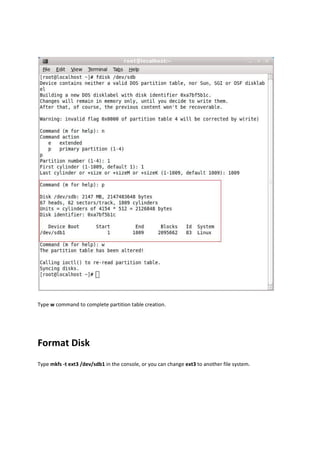 Type w command to complete partition table creation.  

 



Format Disk 
Type mkfs ‐t ext3 /dev/sdb1 in the console, or you can change ext3 to another file system. 
 