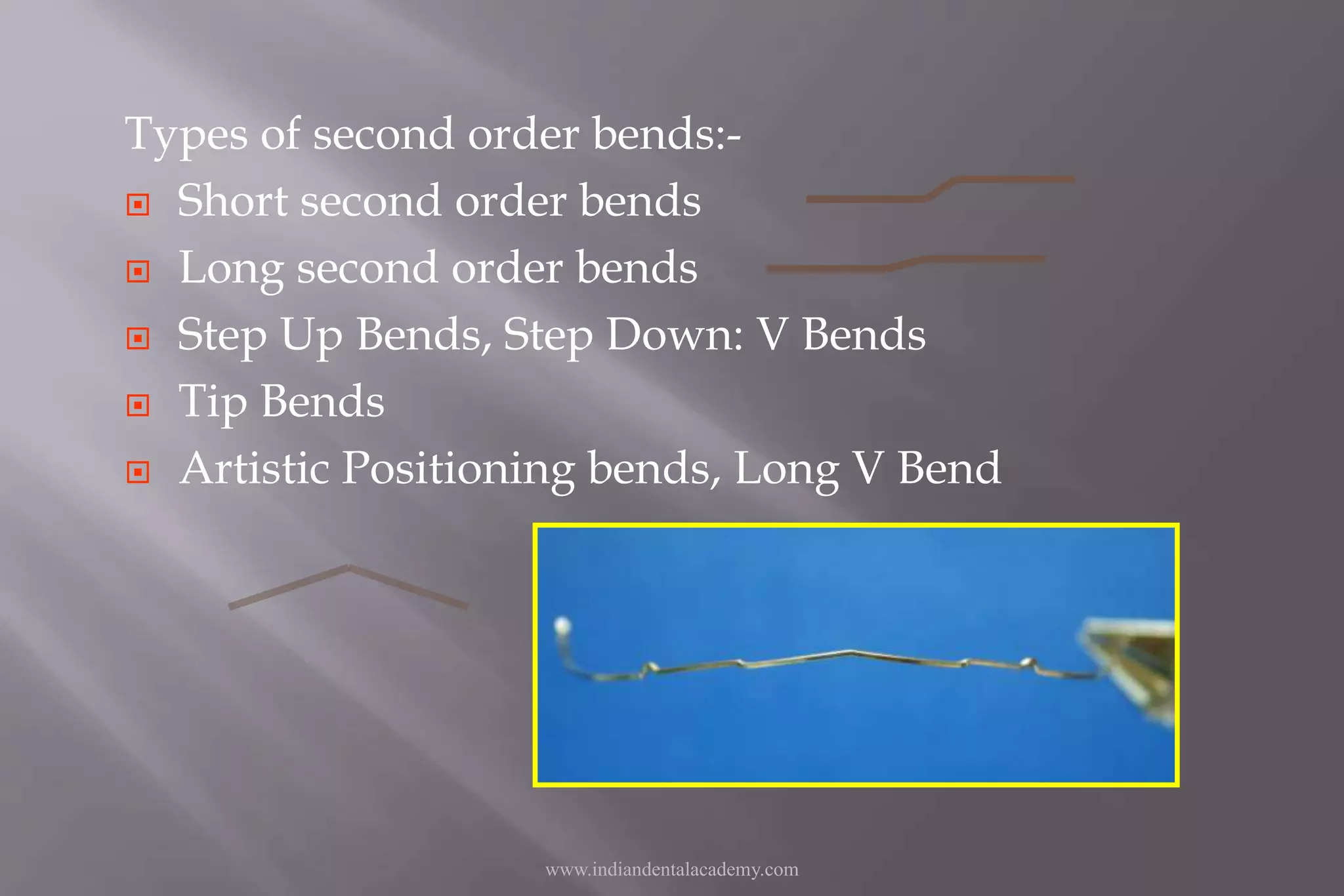 Types of second order bends:-
 Short second order bends
 Long second order bends
 Step Up Bends, Step Down: V Bends
 Tip Bends
 Artistic Positioning bends, Long V Bend
www.indiandentalacademy.com
 