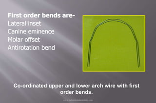 www.indiandentalacademy.com
Co-ordinated upper and lower arch wire with first
order bends.
First order bends are-
Lateral ...