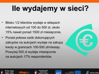 Ile wydajemy w sieci? Blisko 1/2 klientw wydaje w sklepach  internetowych od 100 do 500 z?, oko?o  15% nawet ponad 1500 z? miesi?cznie. Ponad po?owa osb dokonuj?cych  zakupw na aukcjach wydaje na zakupy  kwoty w granicach 100-500 z?/miesi?c.  Powy?ej 500 z? wydaje miesi?cznie  na aukcjach 17% respondentw. 