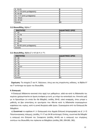 ΙΙ, 16-23 4
ΙΙΙ, 11-16 (από μετάφραση) 2
ΙΙΙ, 50-56 4
ΙV, 1-17 (από μετάφραση) 2
ΙV, 18-23 3
ΙV, 37-43 4
Σύνολο 28
3.2. Θουκυδίδης, Βιβλίο Γ΄
ΕΝΟΤΗΤΕΣ ΔΙΔΑΚΤΙΚΕΣ ΩΡΕΣ
Γ’, 70 3
Γ’, 71-74 4
Γ’, 75 3
Γ’, 76-78 3
Γ’, 79-80 3
Γ’, 81 3
Γ’, 82-83 (από μετάφραση) 3
Σύνολο 22
3.3. Θουκυδίδης, Βιβλία Ζ’ (= 6ο
) & Η’ (= 7ο
)
ΕΝΟΤΗΤΕΣ ΔΙΔΑΚΤΙΚΕΣ ΩΡΕΣ
Ζ’, 30 2
Ζ’, 31 4
Ζ’, 32 2
Η’, 75 3
Η’, 76-77 4
Η’, 84 2
Η’, 85 2
Η’, 86 3
Η’, 87 3
Σύνολο 25
Σημείωση: Τα στοιχεία Ζ’ και Η’, δηλώνουν, όπως και στις στερεότυπες εκδόσεις, τα Βιβλία 6ο
και 7ο
αντίστοιχα του έργου του Θουκυδίδη.
II. Εισαγωγή
Η Εισαγωγή διδάσκεται κανονικά στην αρχή των μαθημάτων, αλλά και κατά τη διδασκαλία του
κειμένου χρησιμοποιείται σε άμεση συνάφεια με αυτό, με στόχο την κατανόησή του. Αποτελεί μαζί
με το Χρονολόγιο (το οποίο δεν θα διδαχθεί), σελίδες 39-42, υλικό αναφοράς, όπου μπορεί ο
μαθητής να βρει απαντήσεις σε ερωτήματα που τίθενται κατά τη διδασκαλία συγκεκριμένων
κεφαλαίων και, κυρίως, κατά τη γενική θεώρηση κάθε έργου. Συγκεκριμένα από την Εισαγωγή θα
διδαχθούν:
α) Συνοπτικά τα κεφάλαια Α΄ (= Εισαγωγικά στην Αρχαία Ελληνική Ιστοριογραφία) και Δ΄ (= Ο
Πελοποννησιακός πόλεμος), (σελίδες 11-17 και 34-36 αντίστοιχα). Επίσης, συνοπτικά θα διδαχθεί
η εισαγωγή στα Ελληνικά του Ξενοφώντα (σελίδες 44-45) και η εισαγωγή των επιμέρους
ενοτήτων του Θουκυδίδη που πρόκειται να διδαχθούν (σελίδες 295, 259-260, 382).
12
 