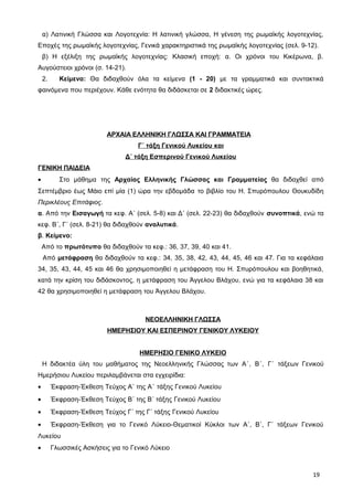 α) Λατινική Γλώσσα και Λογοτεχνία: Η λατινική γλώσσα, Η γένεση της ρωμαϊκής λογοτεχνίας,
Εποχές της ρωμαϊκής λογοτεχνίας, Γενικά χαρακτηριστικά της ρωμαϊκής λογοτεχνίας (σελ. 9-12).
β) Η εξέλιξη της ρωμαϊκής λογοτεχνίας: Κλασική εποχή: α. Οι χρόνοι του Κικέρωνα, β.
Αυγούστειοι χρόνοι (σ. 14-21).
2. Κείμενα: Θα διδαχθούν όλα τα κείμενα (1 - 20) με τα γραμματικά και συντακτικά
φαινόμενα που περιέχουν. Κάθε ενότητα θα διδάσκεται σε 2 διδακτικές ώρες.
ΑΡΧΑΙΑ ΕΛΛΗΝΙΚΗ ΓΛΩΣΣΑ ΚΑΙ ΓΡΑΜΜΑΤΕΙΑ
Γ΄ τάξη Γενικού Λυκείου και
Δ΄ τάξη Εσπερινού Γενικού Λυκείου
ΓΕΝΙΚΗ ΠΑΙΔΕΙΑ
• Στο μάθημα της Αρχαίας Ελληνικής Γλώσσας και Γραμματείας θα διδαχθεί από
Σεπτέμβριο έως Μάιο επί μία (1) ώρα την εβδομάδα το βιβλίο του Η. Σπυρόπουλου Θουκυδίδη
Περικλέους Επιτάφιος.
α. Από την Εισαγωγή τα κεφ. Α΄ (σελ. 5-8) και Δ΄ (σελ. 22-23) θα διδαχθούν συνοπτικά, ενώ τα
κεφ. Β΄, Γ΄ (σελ. 8-21) θα διδαχθούν αναλυτικά.
β. Κείμενο:
Από το πρωτότυπο θα διδαχθούν τα κεφ.: 36, 37, 39, 40 και 41.
Από μετάφραση θα διδαχθούν τα κεφ.: 34, 35, 38, 42, 43, 44, 45, 46 και 47. Για τα κεφάλαια
34, 35, 43, 44, 45 και 46 θα χρησιμοποιηθεί η μετάφραση του Η. Σπυρόπουλου και βοηθητικά,
κατά την κρίση του διδάσκοντος, η μετάφραση του Άγγελου Βλάχου, ενώ για τα κεφάλαια 38 και
42 θα χρησιμοποιηθεί η μετάφραση του Άγγελου Βλάχου.
ΝΕΟΕΛΛΗΝΙΚΗ ΓΛΩΣΣΑ
ΗΜΕΡΗΣΙΟΥ ΚΑΙ ΕΣΠΕΡΙΝΟΥ ΓΕΝΙΚΟΥ ΛΥΚΕΙΟΥ
ΗΜΕΡΗΣΙΟ ΓΕΝΙΚΟ ΛΥΚΕΙΟ
Η διδακτέα ύλη του μαθήματος της Νεοελληνικής Γλώσσας των Α΄, Β΄, Γ΄ τάξεων Γενικού
Ημερήσιου Λυκείου περιλαμβάνεται στα εγχειρίδια:
• Έκφραση-Έκθεση Τεύχος Α΄ της Α΄ τάξης Γενικού Λυκείου
• Έκφραση-Έκθεση Τεύχος Β΄ της Β΄ τάξης Γενικού Λυκείου
• Έκφραση-Έκθεση Τεύχος Γ΄ της Γ΄ τάξης Γενικού Λυκείου
• Έκφραση-Έκθεση για το Γενικό Λύκειο-Θεματικοί Κύκλοι των Α΄, Β΄, Γ΄ τάξεων Γενικού
Λυκείου
• Γλωσσικές Ασκήσεις για το Γενικό Λύκειο
19
 