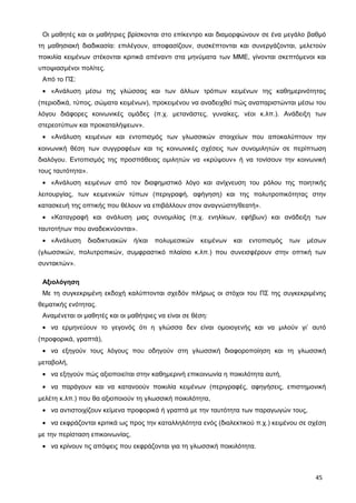 Οι μαθητές και οι μαθήτριες βρίσκονται στο επίκεντρο και διαμορφώνουν σε ένα μεγάλο βαθμό
τη μαθησιακή διαδικασία: επιλέγουν, αποφασίζουν, συσκέπτονται και συνεργάζονται, μελετούν
ποικιλία κειμένων στέκονται κριτικά απέναντι στα μηνύματα των ΜΜΕ, γίνονται σκεπτόμενοι και
υποψιασμένοι πολίτες.
Από το ΠΣ:
• «Ανάλυση μέσω της γλώσσας και των άλλων τρόπων κειμένων της καθημερινότητας
(περιοδικά, τύπος, σώματα κειμένων), προκειμένου να αναδειχθεί πώς αναπαριστώνται μέσω του
λόγου διάφορες κοινωνικές ομάδες (π.χ. μετανάστες, γυναίκες, νέοι κ.λπ.). Ανάδειξη των
στερεοτύπων και προκαταλήψεων».
• «Ανάλυση κειμένων και εντοπισμός των γλωσσικών στοιχείων που αποκαλύπτουν την
κοινωνική θέση των συγγραφέων και τις κοινωνικές σχέσεις των συνομιλητών σε περίπτωση
διαλόγου. Εντοπισμός της προσπάθειας ομιλητών να «κρύψουν» ή να τονίσουν την κοινωνική
τους ταυτότητα».
• «Ανάλυση κειμένων από τον διαφημιστικό λόγο και ανίχνευση του ρόλου της ποιητικής
λειτουργίας, των κειμενικών τύπων (περιγραφή, αφήγηση) και της πολυτροπικότητας στην
κατασκευή της οπτικής που θέλουν να επιβάλλουν στον αναγνώστη/θεατή».
• «Καταγραφή και ανάλυση μιας συνομιλίας (π.χ. ενηλίκων, εφήβων) και ανάδειξη των
ταυτοτήτων που αναδεικνύονται».
• «Ανάλυση διαδικτυακών ή/και πολυμεσικών κειμένων και εντοπισμός των μέσων
(γλωσσικών, πολυτροπικών, συμφραστικό πλαίσιο κ.λπ.) που συνεισφέρουν στην οπτική των
συντακτών».
Αξιολόγηση
Με τη συγκεκριμένη εκδοχή καλύπτονται σχεδόν πλήρως οι στόχοι του ΠΣ της συγκεκριμένης
θεματικής ενότητας.
Αναμένεται οι μαθητές και οι μαθήτριες να είναι σε θέση:
• να ερμηνεύουν το γεγονός ότι η γλώσσα δεν είναι ομοιογενής και να μιλούν γι’ αυτό
(προφορικά, γραπτά),
• να εξηγούν τους λόγους που οδηγούν στη γλωσσική διαφοροποίηση και τη γλωσσική
μεταβολή,
• να εξηγούν πώς αξιοποιείται στην καθημερινή επικοινωνία η ποικιλότητα αυτή,
• να παράγουν και να κατανοούν ποικιλία κειμένων (περιγραφές, αφηγήσεις, επιστημονική
μελέτη κ.λπ.) που θα αξιοποιούν τη γλωσσική ποικιλότητα,
• να αντιστοιχίζουν κείμενα προφορικά ή γραπτά με την ταυτότητα των παραγωγών τους,
• να εκφράζονται κριτικά ως προς την καταλληλότητα ενός (διαλεκτικού π.χ.) κειμένου σε σχέση
με την περίσταση επικοινωνίας,
• να κρίνουν τις απόψεις που εκφράζονται για τη γλωσσική ποικιλότητα.
45
 