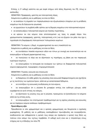 Επίσης, η 3η
εκδοχή καλύπτει και μια σειρά στόχων από άλλες θεματικές του ΠΣ, όπως οι
ακόλουθες:
ΘΕΜΑΤΙΚΗ: Προφορικός, γραπτός και πολυτροπικός λόγος
Αναμένεται οι μαθητές και οι μαθήτριες να είναι σε θέση:
• να αναλύουν τη σημασία των παραγλωσσικών και εξωγλωσσικών στοιχείων για τη μετάδοση
νοημάτων που δε δηλώνονται γλωσσικά,
• να ερμηνεύουν τη συμβολή κάθε τρόπου για τη δόμηση νοημάτων στα πολυτροπικά κείμενα
• να κατασκευάζουν πολυτροπικά κείμενα για ποικίλες περιστάσεις,
• να κρίνουν αν ένα κείμενο είναι αποτελεσματικό ως προς τη μορφή λόγου που
χρησιμοποιείται (προφορικός, γραπτός, πολυτροπικός κ.λπ.) και να εξηγούν τον ρόλο που έχει η
τεχνολογία στη διαμόρφωση πολυτροπικών/ πολυμεσικών κειμένων.
ΘΕΜΑΤΙΚΗ: Το κείμενο: η δομή, τα χαρακτηριστικά του και η ποικιλότητά του
Αναμένεται οι μαθητές και οι μαθήτριες να είναι σε θέση:
• να συντάσσουν ποικιλία κειμενικών ειδών και τύπων με συνοχή και συνεκτικότητα και να
αναγνωρίζουν τα δομικά χαρακτηριστικά τους,
• να πυκνώνουν το λόγο και να αξιοποιούν τις περιλήψεις ως βάση για την παραγωγή
ευρύτερων κειμένων,
• να αναγνωρίζουν τη λειτουργία και συνέργεια των τρόπων σε διαφορετικά πολυτροπικά
κείμενα (αφηγηματικά, περιγραφικά, επιχειρηματολογικά)
ΘΕΜΑΤΙΚΗ: Γλώσσα, κοινωνία και επικοινωνία
Αναμένεται οι μαθητές και οι μαθήτριες να είναι σε θέση:
• να διακρίνουν ότι κάθε χρήση της γλώσσας είναι κοινωνικά διαφοροποιημένη και σχετίζεται
με τις ταυτότητες των ομιλητών/τριών, αλλά και με καταστασιακά δεδομένα,
• να εντοπίζουν τις κοινωνικές συνδηλώσεις σε ένα κείμενο,
• να αναγνωρίζουν ότι η γλώσσα δε μεταφέρει απλώς ένα ουδέτερο μήνυμα, αλλά
εγγράφονται σε αυτό οπτικές του κόσμου,
• να αξιοποιούν τις γνώσεις τους για τη γλώσσα, προκειμένου να ξεκλειδώνουν τα νοήματα
αλλά και τις οπτικές αυτές,
• να αναγνωρίζουν τον επιστημονικό προβληματισμό για τις σχέσεις γλώσσας και κοινωνίας
και να παράγουν κείμενα ανάλογου προβληματισμού.
Προστιθέμενη αξία
Προωθούνται οι νέοι γραμματισμοί και ο κριτικός γραμματισμός και διευρύνεται ο σχολικός
χωροχρόνος. Οι μαθητές και οι μαθήτριες αναλαμβάνουν πρωτοβουλίες και συνεργάζονται,
αναδεικνύεται και ενθαρρύνεται η κριτική τους σκέψη και προάγεται η κριτική τους θέση ως
πολιτών στον κόσμο που τις/τους περιβάλλει. Η εκδοχή αυτή είναι και η πλησιέστερη στους
στόχους και τις επιδιώξεις του νέου ΠΣ
46
 