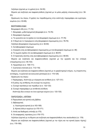 Λεξιλόγιο (σχετικό με το χρόνο) (σ.σ. 54-55)
Θέματα για συζήτηση και έκφραση-έκθεση (σχετικά με τα μέσα μαζικής επικοινωνίας) (σ.σ. 56-
63)
Οργάνωση του λόγου. Η χρήση του παραδείγματος στην ανάπτυξη παραγράφου και ευρύτερου
κειμένου (σ.σ. 63-68).
ΒΙΟΓΡΑΦΙΚΑ ΕΙΔΗ
Βιογραφικά είδη (σ.σ. 71-72)
1. Βιογραφία, μυθιστορηματική βιογραφία (σ.σ. 73-76)
2. Βιογραφικό σημείωμα
α. Τα γεγονότα και τα σχόλια σε ένα βιογραφικό σημείωμα (σ.σ. 77-78)
β. Η δομή και το περιεχόμενο ενός βιογραφικού σημειώματος (σ.σ. 78-79)
Λεξιλόγιο βιογραφικού σημειώματος (σ.σ. 82-84)
4. Αυτοβιογραφικό σημείωμα
α. Σύγκριση ενός αυτοβιογραφικού σημειώματος με ένα βιογραφικό σημείωμα (σ. 86)
β. Το έμμεσο σχόλιο στο αυτοβιογραφικό σημείωμα (σ.σ. 86-87)
δ. Ο πρακτικός σκοπός ενός (αυτο)βιογραφικού σημειώματος (σ.σ. 89-94)
Θέματα για συζήτηση και έκφραση-έκθεση (σχετικά με την εργασία και την επιλογή
επαγγέλματος) (σ.σ. 95-103)
6. Ημερολόγιο (σ.σ. 108-111)
7. Συστατική επιστολή (σ.σ. 112-118)
Θέματα για συζήτηση και έκφραση-έκθεση (σχετικά με το χαρακτηρισμό ατόμου, τις στερεότυπες
αντιλήψεις, το φυλετικό και κοινωνικό ρατσισμό) (σ.σ. 119-126)
Οργάνωση του λόγου:
Ι. Παράγραφος. Ανάπτυξη με σύγκριση και αντίθεση (σ.σ. 127-131)
ΙΙ Ο ρόλος της αντίθεσης στη συνοχή του κειμένου.
α. Συνοχή προτάσεων και περιόδων (σ.σ. 132-133)
β. Συνοχή παραγράφων με αντιθετική σύνδεση
Ανάπτυξη δύο εννοιών σε ένα ευρύτερο κείμενο (σ.σ. 133-135)
ΠΑΡΟΥΣΙΑΣΗ – ΚΡΙΤΙΚΗ
Ι. Παρουσίαση και κριτική ενός βιβλίου
3. Βιβλιοκριτική
α. Λογοτεχνική κριτική (σ.σ.163-169)
β. Κριτική άλλων κειμένων (σ.170-171)
5. Απλή και διαδοχική υπόταξη (σ.175)
6. Οι αναφορικές προτάσεις (σ.σ.176-177)
Λεξιλόγιο (σχετικό με τα θέματα για συζήτηση και έκφραση/έκθεση που ακολουθούν) (σ. 178)
Θέματα για συζήτηση και έκφραση-έκθεση (σχετικά με την τέχνη και την κριτική έργου τέχνης)
(σ.σ. 179-189).
53
 