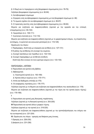 β. Η δομή και το περιεχόμενο ενός βιογραφικού σημειώματος (σ.σ. 78-79)
Λεξιλόγιο βιογραφικού σημειώματος (σ.σ. 82-84)
4. Αυτοβιογραφικό σημείωμα
α. Σύγκριση ενός αυτοβιογραφικού σημειώματος με ένα βιογραφικό σημείωμα (σ. 86)
β. Το έμμεσο σχόλιο στο αυτοβιογραφικό σημείωμα (σ.σ. 86-87)
δ. Ο πρακτικός σκοπός ενός (αυτο)βιογραφικού σημειώματος (σ.σ. 89-94)
Θέματα για συζήτηση και έκφραση-έκθεση (σχετικά με την εργασία και την επιλογή
επαγγέλματος) (σ.σ. 95-103)
6. Ημερολόγιο (σ.σ. 108-111)
7. Συστατική επιστολή (σ.σ. 112-118)
Θέματα για συζήτηση και έκφραση-έκθεση (σχετικά με το χαρακτηρισμό ατόμου, τις στερεότυπες
αντιλήψεις, το φυλετικό και κοινωνικό ρατσισμό) (σ.σ. 119-126)
Οργάνωση του λόγου:
Ι. Παράγραφος. Ανάπτυξη με σύγκριση και αντίθεση (σ.σ. 127-131)
ΙΙ Ο ρόλος της αντίθεσης στη συνοχή του κειμένου.
α. Συνοχή προτάσεων και περιόδων (σ.σ. 132-133)
β. Συνοχή παραγράφων με αντιθετική σύνδεση
Ανάπτυξη δύο εννοιών σε ένα ευρύτερο κείμενο (σ.σ. 133-135)
ΠΑΡΟΥΣΙΑΣΗ – ΚΡΙΤΙΚΗ
Ι. Παρουσίαση και κριτική ενός βιβλίου
3. Βιβλιοκριτική
α. Λογοτεχνική κριτική (σ.σ. 163-169)
β. Κριτική άλλων κειμένων (σ.σ. 170-171)
5. Απλή και διαδοχική υπόταξη (σ.175)
6. Οι αναφορικές προτάσεις (σ.σ. 176-177)
Λεξιλόγιο (σχετικό με τα θέματα για συζήτηση και έκφραση/έκθεση που ακολουθούν) (σ. 178)
Θέματα για συζήτηση και έκφραση-έκθεση (σχετικά με την τέχνη και την κριτική έργου τέχνης)
(σ.σ. 179-189).
Ι
Ι. Παρουσίαση και κριτική μιας θεατρικής παράστασης
Λεξιλόγιο (σχετικό με τη θεατρική κριτική) (σ.σ. 203-205)
ΙΙΙ Παρουσίαση και κριτική άλλων μορφών τέχνης
Λεξιλόγιο (σχετικό με την κριτική (σ.σ. 219-220)
Θέματα για συζήτηση και έκφραση-έκθεση (σχετικά με την κριτική/αξιολόγηση του ατόμου και
την αυτοκριτική) (σ.σ. 221-224)
ΙV. Οργάνωση του λόγου · ορισμός και διαίρεση μιας έννοιας
1.Ορισμός (σ.σ. 226-230)
2.Διαίρεση (σ.σ. 231-236)
56
 