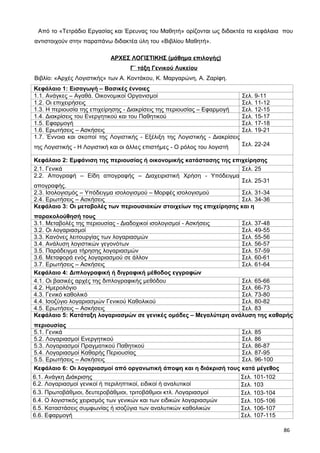 Από το «Τετράδιο Εργασίας και Έρευνας του Μαθητή» ορίζονται ως διδακτέα τα κεφάλαια που
αντιστοιχούν στην παραπάνω διδακτέα ύλη του «Βιβλίου Μαθητή».
ΑΡΧΕΣ ΛΟΓΙΣΤΙΚΗΣ (μάθημα επιλογής)
Γ΄ τάξη Γενικού Λυκείου
Βιβλίο: «Αρχές Λογιστικής» των Α. Κοντάκου, Κ. Μαργαρώνη, Α. Ζαρίφη.
Κεφάλαιο 1: Εισαγωγή – Βασικές έννοιες
1.1. Ανάγκες – Αγαθά. Οικονομικοί Οργανισμοί Σελ. 9-11
1.2. Οι επιχειρήσεις Σελ. 11-12
1.3. Η περιουσία της επιχείρησης - Διακρίσεις της περιουσίας – Εφαρμογή Σελ. 12-15
1.4. Διακρίσεις του Ενεργητικού και του Παθητικού Σελ. 15-17
1.5. Εφαρμογή Σελ. 17-18
1.6. Ερωτήσεις – Ασκήσεις Σελ. 19-21
1.7. Έννοια και σκοποί της Λογιστικής - Εξέλιξη της Λογιστικής - Διακρίσεις
της Λογιστικής - Η Λογιστική και οι άλλες επιστήμες - Ο ρόλος του λογιστή Σελ. 22-24
Κεφάλαιο 2: Εμφάνιση της περιουσίας ή οικονομικής κατάστασης της επιχείρησης
2.1. Γενικά Σελ. 25
2.2. Απογραφή – Είδη απογραφής – Διαχειριστική Χρήση - Υπόδειγμα
απογραφής.
Σελ. 25-31
2.3. Ισολογισμός – Υπόδειγμα ισολογισμού – Μορφές ισολογισμού Σελ. 31-34
2.4. Ερωτήσεις – Ασκήσεις Σελ. 34-36
Κεφάλαιο 3: Οι μεταβολές των περιουσιακών στοιχείων της επιχείρησης και η
παρακολούθησή τους
3.1. Μεταβολές της περιουσίας - Διαδοχικοί ισολογισμοί - Ασκήσεις Σελ. 37-48
3.2. Οι λογαριασμοί Σελ. 49-55
3.3. Κανόνες λειτουργίας των λογαριασμών Σελ. 55-56
3.4. Ανάλυση λογιστικών γεγονότων Σελ. 56-57
3.5. Παράδειγμα τήρησης λογαριασμών Σελ. 57-59
3.6. Μεταφορά ενός λογαριασμού σε άλλον Σελ. 60-61
3.7. Ερωτήσεις – Ασκήσεις Σελ. 61-64
Κεφάλαιο 4: Διπλογραφική ή διγραφική μέθοδος εγγραφών
4.1. Οι βασικές αρχές της διπλογραφικής μεθόδου Σελ. 65-66
4.2. Ημερολόγιο Σελ. 66-73
4.3. Γενικό καθολικό Σελ. 73-80
4.4. Ισοζύγιο λογαριασμών Γενικού Καθολικού Σελ. 80-82
4.5. Ερωτήσεις – Ασκήσεις Σελ. 83
Κεφάλαιο 5: Κατάταξη λογαριασμών σε γενικές ομάδες – Μεγαλύτερη ανάλυση της καθαρής
περιουσίας
5.1. Γενικά Σελ. 85
5.2. Λογαριασμοί Ενεργητικού Σελ. 86
5.3. Λογαριασμοί Πραγματικού Παθητικού Σελ. 86-87
5.4. Λογαριασμοί Καθαρής Περιουσίας Σελ. 87-95
5.5. Ερωτήσεις – Ασκήσεις Σελ. 96-100
Κεφάλαιο 6: Οι λογαριασμοί από οργανωτική άποψη και η διάκρισή τους κατά μέγεθος
6.1. Ανάγκη Διάκρισης Σελ. 101-102
6.2. Λογαριασμοί γενικοί ή περιληπτικοί, ειδικοί ή αναλυτικοί Σελ. 103
6.3. Πρωτοβάθμιοι, δευτεροβάθμιοι, τριτοβάθμιοι κτλ. Λογαριασμοί Σελ. 103-104
6.4. Ο λογιστικός χειρισμός των γενικών και των ειδικών λογαριασμών Σελ. 105-106
6.5. Καταστάσεις συμφωνίας ή ισοζύγια των αναλυτικών καθολικών Σελ. 106-107
6.6. Εφαρμογή Σελ. 107-115
86
 