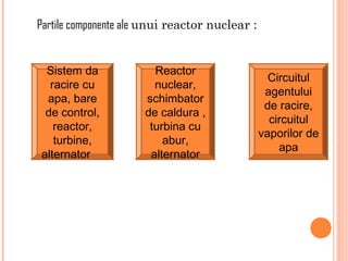 Partile componente ale unui reactor nuclear :


 Sistem da              Reactor
                                                  Circuitul
  racire cu             nuclear,
                                                 agentului
 apa, bare            schimbator
                                                 de racire,
 de control,          de caldura ,
                                                  circuitul
   reactor,            turbina cu
                                                vaporilor de
   turbine,               abur,
                                                    apa
alternator             alternator
 