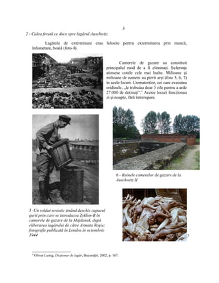 3
2 - Calea ferată ce duce spre lagărul Auschwitz

          Lagărele de exterminare erau folosite pentru exterminarea prin muncă,
   înfometare, boală (foto 4).


                                                                 Camerele de gazare au constituit
                                                         principalul mod de a fi eliminaţi. Suferinţa
                                                         atinsese cotele cele mai înalte. Milioane şi
                                                         milioane de oameni au pierit arşi (foto 5, 6, 7)
                                                         în acele locuri. Crematorilor, cei care executau
                                                         oridinele, „le trebuiau doar 3 zile pentru a arde
                                                         27.000 de detinuţi”.4 Aceste locuri funcţionau
                                                         zi şi noapte, fără întrerupere.
                                                     4




                                                                6 - Ruinele camerelor de gazare de la
                                                                Auschwitz II




 5 -Un soldat sovietic ţinând deschis capacul
 gurii prin care se introducea Zyklon-B în
 camerele de gazare de la Majdanek, după
 eliberarea lagărului de către Armata Roşie;
 fotografie publicată în Londra în octombrie
 1944                                                                                                        7



   4
       Oliver Lustig, Dicţionar de lagăr, București, 2002, p. 167.
 