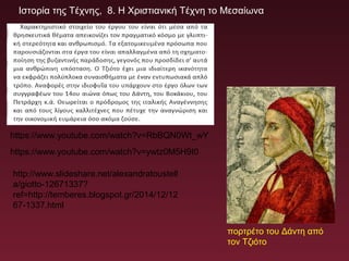 Ιστορία της Τέχνης, 8. Η Χριστιανική Τέχνη το Μεσαίωνα
https://www.youtube.com/watch?v=RbBQN0Wt_wY
https://www.youtube.com/watch?v=ywtz0M5H9I0
πορτρέτο του Δάντη από
τον Τζιότο
http://www.slideshare.net/alexandratoustell
a/giotto-12671337?
ref=http://temberes.blogspot.gr/2014/12/12
67-1337.html
 