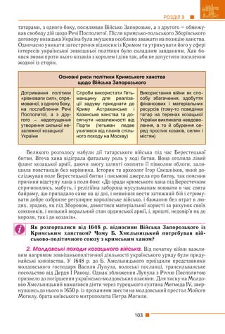 103
РОЗДІЛ 3
татарами, з одного боку, посилював Військо Запорозьке, а з другого – обмежу-
вав свободу дій щодо Речі Посполитої. Після кримсько-польського Зборівського
договору козацька Україна була змушена особливо зважати на позицію ханства.
Одночасно уникати загострення відносин із Кримом та утримувати його у сфері
інтересів української зовнішньої політики було складним завданням. Хан бо-
явся змови проти нього козаків з королем і діяв так, аби не допустити посилення
жодної із сторін.
Основні риси політики Кримського ханства
щодо Війська Запорозького
Дотримання політики
«рівноваги сил», спря-
мованої, з одного боку,
на послаблення Речі
Посполитої, а з дру-
гого – недопущення
утворення сильної не-
залежної козацької
України
Спроби використати Геть-
манщину для реаліза-
ції задуму приєднати до
Криму Астраханське і
Казанське ханства та до-
сягнути незалежності від
Порти (гетьман ледве
ухилявся від планів спіль-
ного походу на Москву)
Використання війни як спо-
собу збагачення, здобуття
фінансових і матеріальних
ресурсів (тому-то поведінка
татар на теренах козацької
України викликала невдово-
лення, а то й обурення се-
ред простих козаків, селян і
містян)
Великого розголосу набули дії татарського війська під час Берестецької
битви. Втеча хана відіграла фатальну роль у ході битви. Вона оголила лівий
фланг козацької армії, даючи змогу шляхті охопити її півколом облоги, зали-
шила повстанців без керівника. Історик та археолог Ігор Свєшніков, який до-
сліджував поле Берестецької битви і письмові джерела про битву, так пояснив
причини відступу хана з поля бою: «До зради кримського хана під Берестечком
спричинились, мабуть, і релігійна заборона мусульманам воювати в час свята
байраму, що припадало саме на ці дні, і невміння вести затяжний бій і стриму-
вати добре озброєне регулярне королівське військо, і бажання без втрат в лю-
дях, зрадою, як під Зборовом, домогтися матеріальної користі за рахунок своїх
союзників, і низький моральний стан ординської армії, і, врешті, недовір’я як до
короля, так і до козаків».
Як розгорталися від 1648 р. відносини Війська Запорозького із
Кримським ханством? Чому Б. Хмельницький потребував вій-
ськово-політичного союзу з кримським ханом?
2. Ìîëäîâñüêі ïîõîäè êîçàöüêîãî âіéñüêà. Від початку війни важли-
вим напрямом зовнішньополітичної діяльності українського уряду були приду-
найські князівства. У 1648 р. до Б. Хмельницького приїздили представники
молдовського господаря Василя Лупула, волоські посланці, трансильванське
посольство від Дєрдя І Ракоці. Однак зближення Лупула з Річчю Посполитою
призвело до погіршення українсько-молдовських взаємин. Для тиску на Молдо-
вію Хмельницький намагався діяти через турецького султана Мегмеда IV, звер-
нувшись до нього в 1650 р. із проханням звести на молдовський престол Мойсея
Могилу, брата київського митрополита Петра Могили.
 