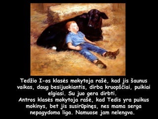 Tedžio I-os klasės mokytoja rašė, kad jis šaunus vaikas, daug besijuokiantis, dirba kruopščiai, puikiai elgiasi. Su juo gera dirbti.  Antros klasės mokytoja rašė, kad Tedis yra puikus mokinys, bet jis susirūpinęs, nes mama serga nepagydoma liga. Namuose jam nelengva.  