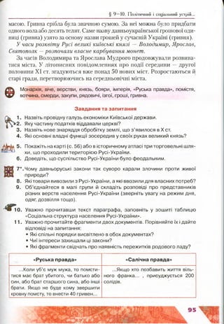 § 9 —10. Політичний і соціальний устрій..
масою. Гривна срібла була значною сумою. За неї можна було придбати
одного вола або десять телят. Саме назву давньоукраїнської грошової оди­
ниці (гривна) узято за основу назви грошей у сучасній Україні (гривня).
У часи розквіту Русі великі київські князі —Володимир, Ярослав,
Святополк —розпочали власне карбування монет.
За часів Володимира та Ярослава Мудрого продовжували розвива­
тися міста. У літописних повідомленнях про події середини —другої
половини XI ст. згадуються вже понад 50 нових міст. Розростаються й
старі гради, перетворюючись на середньовічні міста.
©
Монархія, віче, верстви, князь, бояри, імперія, «Руська правда», помістя,
вотчина, смерди, закупи, рядовичі, ізгої, гроші, гривна.
Завдання та запитання
1. Назвіть провідну галузь економіки Київської держави.
2. Яку частину податків віддавали церкві?
3. Назвіть нове знаряддя обробітку землі, що з’явилося в X ст.
4. Які основні владні функції зосередив у своїх руках великий князь?
5. Покажіть на карті (с. 56) або в історичному атласі три торговельні шля­
хи, що проходили територією Русі-України.
6. Доведіть, що суспільство Русі-України було феодальним.
7 * .Чому давньоруські закони так суворо карали злочини проти живої
природи?
8. Які товари вивозили з Русі-України, а які ввозили для власних потреб?
9. Об’єднайтеся в малі групи й складіть розповіді про представників
різних верств населення Русі-України (зверніть увагу на режим дня,
одяг, дозвілля тощо).
10. Уважно прочитавши текст параграфа, заповніть у зошиті таблицю
«Соціальна структура населення Русі-України».
11. Уважно прочитайте фрагменти двох документів. Порівняйте їх і дайте
відповіді на запитання:
• Які спільні порядки висвітлено в обох документах?
• Чиї інтереси захищали ці закони?
• Які фрагменти свідчать про наявність пережитків родового ладу?
«Руська правда» «Салічна правда»
...Коли уб’є муж мужа, то ломсти-
тися має брат убитого, чи батько або
син, або брат старшого сина, або інші
брати. Якщо не буде кому звершити
кровну помсту, то внести 40 гривен...
...Якщо хто позбавить життя віль­
ного франка... , присуджується 200
солідів.
 