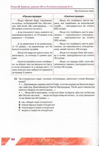 Розділ II. К и їв с ь к а д е р ж а в а (Р у с ь -У к р а їн а ) н а п р и к ін ц і X ст.
Продовження табл.
«Руська правда» «Салічна правда»
...Якщо вбитим буде горожанин,
чи купець, чи боярський тіун, або меч­
ник, або ізгой, або новгородець — то
40 гривен сплатити за нього.
...А за сільського тіуна, княжого чи
землевласникового, то 12 гривен; а за
рядового — 5 гривен.
...А за ремісника й за ремісницю,
то 12 гривен, і за кормилицю, хоч би
була й із холопів чи рабів.
...Якщо хто сяде на чужого коня, не
запитавши, то сплачує 3 гривни про­
дажі.
...Колихтозагубитьконя, чи вбран­
ня, чи зброю і про це звіщено на торгу,
а потім упізнають їх у своєму місті, то
своє власник має забрати й одержати
за кривду 3 гривни.
...Якщо хто позбавить життя лю­
дину, яка перебуває на королівській
службі... , присуджується до сплати
600 солідів.
...Якщо хто позбавить життя рим­
лянина — королівського співтрапез­
ника ... присуджується до сплати
300 солідів...
...Якщо хто позбавить життя рим­
лянина, не королівського співтрапез­
ника, нехай платить 100 солідів.
...Якщо хто вкраде бика або коро­
ву з телям, присуджується до сплати
35 солідів.
...Якщо хто вкраде раба, коня або
запряжену тварину, присуджується до
сплати ЗОсолідів.
12. Чи стосуються події, описані літописцем, діяльності князя Володи­
мира?
• «...Заложив він церкву святої Софії, а потім церкву на Золотих воро­
тах, кам’яну, Благовіщення Святої Богородиці. Після цього монастир
святого Георгія та святої Ірини...»
• «... Якщо вб’є муж мужа, то мстить брат за брата, або син за батька,
або батько за сина, ... якщо не буде кому мститись, то слід призначи­
ти за вбивство 40 гривен...»
А так, обидві події стосуються
Б тільки перша подія стосується
В тільки друга подія стосується
Г жодна з подій не стосується
 