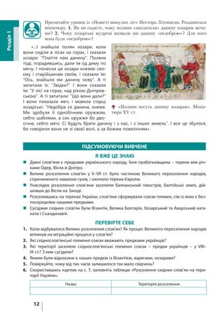 12
Розділ1
Прочитайте уривок із «Повісті минулих літ» Нестора Літописця. Роздивіться
мініатюру. 1. Як ви гадаєте, чому поляни «заплатили» данину хозарам меча-
ми? 2. Чому хозарські мудреці назвали цю данину «недоброю»? Для кого
вона була «недоброю»?
«...І знайшли полян хозари, коли
вони сиділи в лісах на горах, і сказали
хозари: “Платіте нам данину”. Поляни
тоді, порадившись, дали їм од диму по
мечу. І понесли це хозари князеві сво-
єму і старійшинам своїм, і сказали їм:
“Ось, знайшли ми данину нову”. А ті
запитали їх: “Звідки?” І вони сказали
їм: “У лісі на горах, над рікою Дніпров-
ською”. А ті запитали: “Що вони дали?”
І вони показали меч, і мовили старці
хозарські: “Недобра се данина, княже.
Ми здобули її однобічним оружжям,
себто шаблями, а сих оружжя бо дво-
січне, себто мечі. Сі будуть брати данину і з нас, і з інших земель”. І все це збулося,
бо говорили вони не зі своєї волі, а за божим повелінням».
ПІДСУМОВУЮЧИ ВИВЧЕНЕ
Я ВЖЕ ЦЕ ЗНАЮ
 Давні слов’яни є предками українського народу. Їхня прабатьківщина – терени між річ-
ками Одер, Вісла й Дніпро.
 Велике розселення слов’ян у V–VII  ст. було частиною Великого переселення народів,
спричиненого навалою гунів, і охопило терени Європи.
 Унаслідок розселення слов’яни заселили Балканський півострів, балтійські землі, дій-
шовши до Вісли на Заході.
 Розселившись на теренах України, слов’яни сформували союзи племен, сім із яких є без-
посередніми нашими предками.
 Сусідами східних слов’ян були Візантія, Велика Болгарія, Хозарський та Аварський кага-
нати і Скандинавія.
ПЕРЕВІРТЕ СЕБЕ
1. Коли відбувалося Велике розселення слов’ян? Як процес Великого переселення народів
вплинув на міграційні процеси у слов’ян?
2. Які східнослов’янські племінні союзи вважають предками українців?
3. Які території заселяли східнослов’янські племінні союзи  – предки українців  – у VIII–
IX ст.? З ким сусідили?
4. Якими були відносини в наших предків із Візантією, варягами, хозарами?
5. Поміркуйте, чому від тих часів залишилося так мало свідчень?
6. Скориставшись картою на с. 7, заповніть таблицю «Розселення східних слов’ян на тери-
торії України».
Назва Територія розселення
«Поляни несуть данину хозарам». Мініа-
тюра XV ст.
 