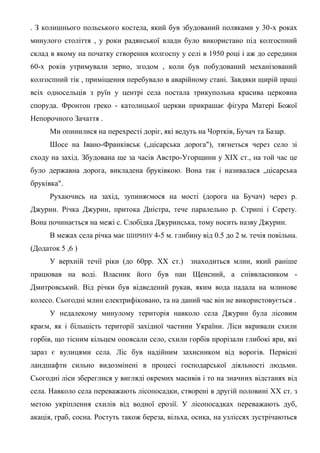 . З колишнього польського костела, який був збудований поляками у 30-х роках
минулого століття , у роки радянської влади було використано під колгоспний
склад в якому на початку створення колгоспу у селі в 1950 році і аж до середини
60-х років утримували зерно, згодом , коли був побудований механізований
колгоспний тік , приміщення перебувало в аварійному стані. Завдяки щирій праці
всіх односельців з руїн у центрі села постала трикупольна красива церковна
споруда. Фронтон греко - католицької церкви прикрашає фігура Матері Божої
Непорочного Зачаття .
Ми опинилися на перехресті доріг, які ведуть на Чортків, Бучач та Базар.
Шосе на Івано-Франківськ („цісарська дорога"), тягнеться через село зі
сходу на захід. Збудована ще за часів Австро-Угорщини у XIX ст., на той час це
було державна дорога, викладена бруківкою. Вона так і називалася „цісарська
бруківка".
Рухаючись на захід, зупиняємося на мості (дорога на Бучач) через р.
Джурин. Річка Джурин, притока Дністра, тече паралельно р. Стрипі і Серету.
Вона починається на межі с. Слобідка Джуринська, тому носить назву Джурин.
В межах села річка має ШИРИНУ 4-5 м. глибину від 0.5 до 2 м. течія повільна.
(Додаток 5 ,6 )
У верхній течії ріки (до 60рр. XX ст.) знаходиться млин, який раніше
працював на воді. Власник його був пан Щенсний, а співвласником -
Дмитровський. Від річки був відведений рукав, яким вода падала на млинове
колесо. Сьогодні млин електрифіковано, та на даний час він не використовується .
У недалекому минулому територія навколо села Джурин була лісовим
краєм, як і більшість території західної частини України. Ліси вкривали схили
горбів, що тісним кільцем опоясали село, схили горбів прорізали глибокі яри, які
зараз є вулицями села. Ліс був надійним захисником від ворогів. Первісні
ландшафти сильно видозмінені в процесі господарської діяльності людьми.
Сьогодні ліси збереглися у вигляді окремих масивів і то на значних відстанях від
села. Навколо села переважають лісопосадки, створені в другій половині XX ст. з
метою укріплення схилів від водної ерозії. У лісопосадках переважають дуб,
акація, граб, сосна. Ростуть також береза, вільха, осика, на узліссях зустрічаються
 