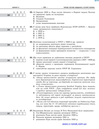 Варіант 8	 —  106  —	 Типові тестові ЗАВДАННЯ з історії україни
32.	14 березня 1923  р. Рада послів Антанти в  Парижі надала Польщі
всі юридичні права на володіння:
А	 Волинню
Б	 Східною Галичиною
В	 Закерзонням
Г	 усіма вищеназваними землями
33.	У якому році була прийнята Конституція УСРР (УРСР)  — Консти-
туція «розвинутого соціалізму»?
А	 у 1919  р.
Б	 у 1927  р.
В	 у 1937  р.
Г	 у 1978  р.
34.	Політика колективізації в  УРСР у  1930-ті  рр. привела:
А	 до покращення життєвого рівня селянства
Б	 до зростання обсягів збору зернових у  республіці
В	 до фактичної ліквідації індивідуального селянського господарства
Г	 до формування нових прошарків селянства — «куркулів» і «під-
куркульників»
35.	Що стало приводом до здійснення масових репресій в СРСР?
А	 відмова селян здавати сільгосппродукцію державі в 1927—1928 рр.
Б	 провал реалізації планів першої п’ятирічки
В	 убивство одного з провідних керівників більшовицької партії
С. Кірова
Г	 самогубство наркому освіти УРСР М. Скрипника
36.	У якому уривку історичного джерела відображено досягнення про-
мисловості України за роки перших п’ятирічок?
А	 «Наша промисловість зростає нечуваними кроками. Ми збуду-
вали Краматорський машинобудівний, Харківський тракторний
заводи. Все це переконує, що боротьба за соціалізм захоплює міль-
йони ентузіастів»
Б	 «...Темпи промислового розвитку Західної України були вищими,
ніж на сході УРСР. ...Тут споруджено понад 2,5 тис. великих
і  середніх промислових підприємств»
В	 «Реконструйовано легку та харчову промисловість, ліквідовано
їх відставання від чорної металургії за рівнем капіталовкла-
день. Ці галузі увійшли в ряд передових галузей соціалістично-
го господарства»
Г	 «Менш ніж 0,5 відсотка території припадає на Радянську Укра-
їну, але вона дає 8—10 відсотків світового виробництва сталі,
чавуну, тракторів, цукру, видобутку вугілля...»
37.	Входження Волині до складу ІІ Речі Посполитої було закріплено:
А	 Сен-Жерменським мирним договором 1919  р.
Б	 рішенням Ради послів країн Антанти 1920  р.
В	 Ризьким мирним договором 1921  р.
Г	 рішенням Ради послів країн Антанти 1923  р.
ГГ
А Б В Г Д
1
2
3
4
А Б В Г Д
1
2
3
4
А Б В Г
1
2
3
4
А Б В Г
1
2
3
4
А Б ВА Б В
	32
ГГ
А Б В Г Д
1
2
3
4
А Б В Г Д
1
2
3
4
А Б В Г
1
2
3
4
А Б В Г
1
2
3
4
А Б ВА Б В
	33
ГГ
А Б В Г Д
1
2
3
4
А Б В Г Д
1
2
3
4
А Б В Г
1
2
3
4
А Б В Г
1
2
3
4
А Б ВА Б В
	34
ГГ
А Б В Г Д
1
2
3
4
А Б В Г Д
1
2
3
4
А Б В Г
1
2
3
4
А Б В Г
1
2
3
4
А Б ВА Б В
	35
ГГ
А Б В Г Д
1
2
3
4
А Б В Г Д
1
2
3
4
А Б В Г
1
2
3
4
А Б В Г
1
2
3
4
А Б ВА Б В
	36
ГГ
А Б В Г Д
1
2
А Б В Г Д
1
2
А Б ВА Б В
	37
www.e-ranok.com.ua
 