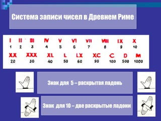Система записи чисел в Древнем Риме
Знак для 5 – раскрытая ладонь
Знак для 10 – две раскрытые ладони
 