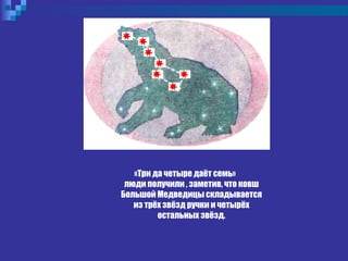 «Три да четыре даёт семь»
люди получили , заметив, что ковш
Большой Медведицы складывается
из трёх звёзд ручки и четырёх
остальных звёзд.
 