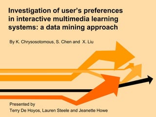 Investigation of user’s preferences in interactive multimedia learning systems: a data mining approach By K. Chrysosotomous, S. Chen and  X. Liu Presented by Terry De Hoyos, Lauren Steele and Jeanette Howe 