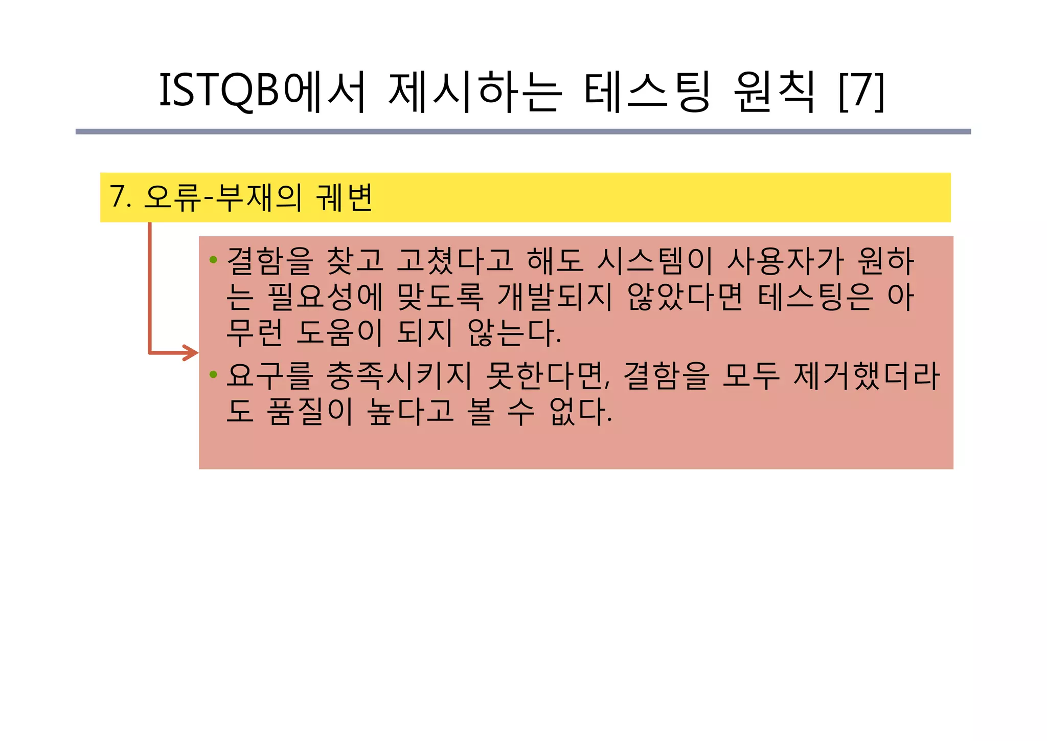ISTQB에서 제시하는 테스팅 원칙 [7]
7. 오류-부재의 궤변
• 결함을 찾고 고쳤다고 해도 시스템이 사용자가 원하
는 필요성에 맞도록 개발되지 않았다면 테스팅은 아
무런 도움이 되지 않는다.
• 요구를 충족시키지 못한다면, 결함을 모두 제거했더라
도 품질이 높다고 볼 수 없다.
 